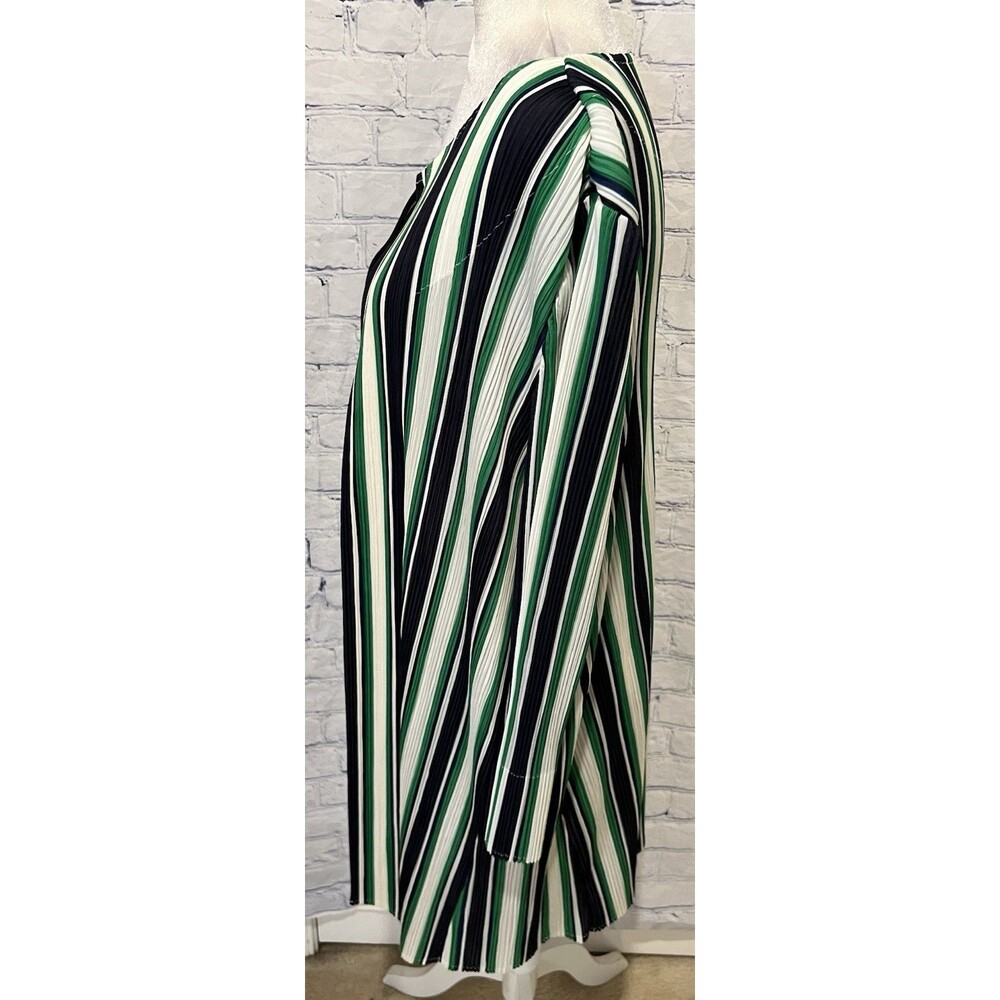 Chico's Travelers 3 XL 16-18 Green & Blue Striped Open Front Pleated Long Jacket - Picture 3 of 9